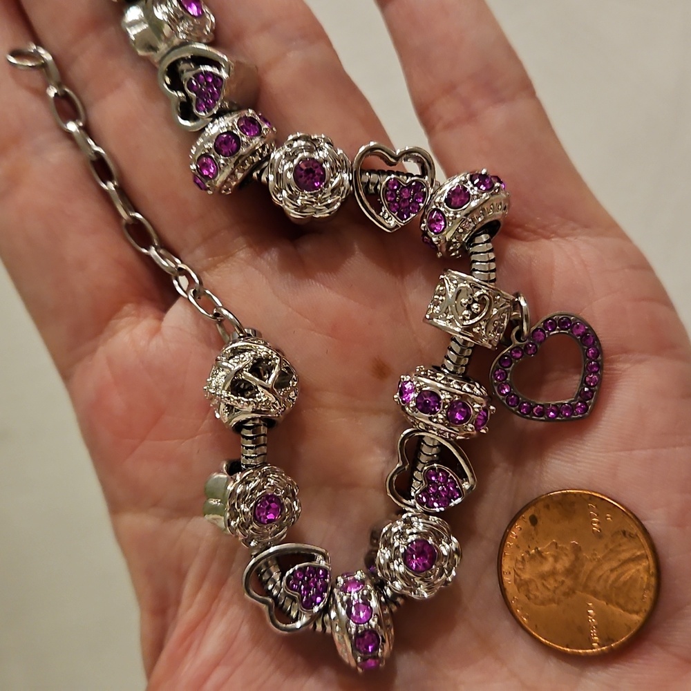 Birthstone bracelet silver tone with charms amethyst dark pink February October - Picture 6 of 10